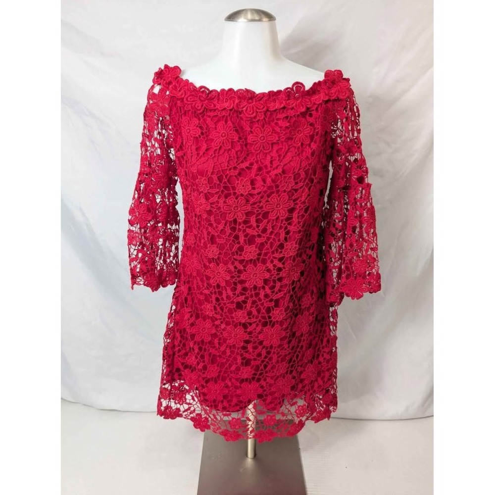 Auxo ~ Red Floral ~ Crochet Lace ~ Off Shoulder Mini Dress ~ 3/4 Sleeve‎ ~ LARGE